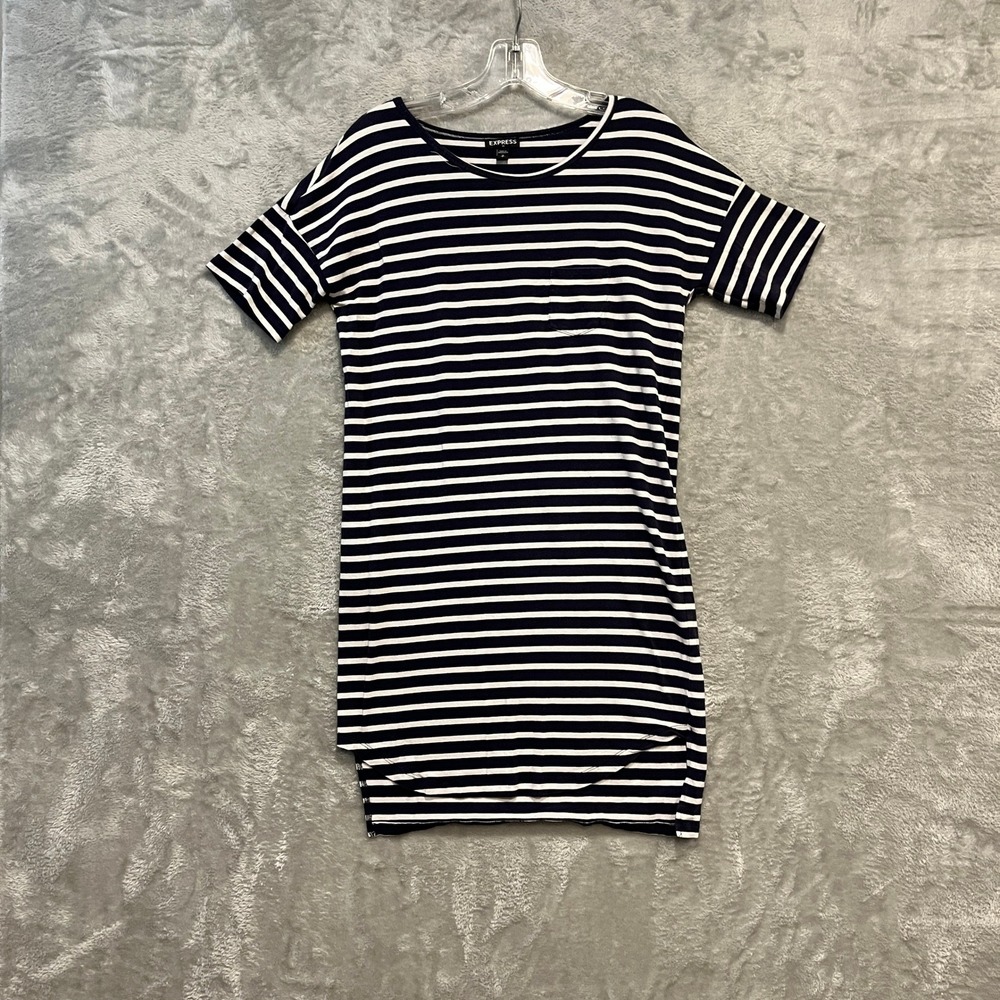 Express T-Shirt Dress Womens Small‎ Navy White Striped Pocket High Low Hem